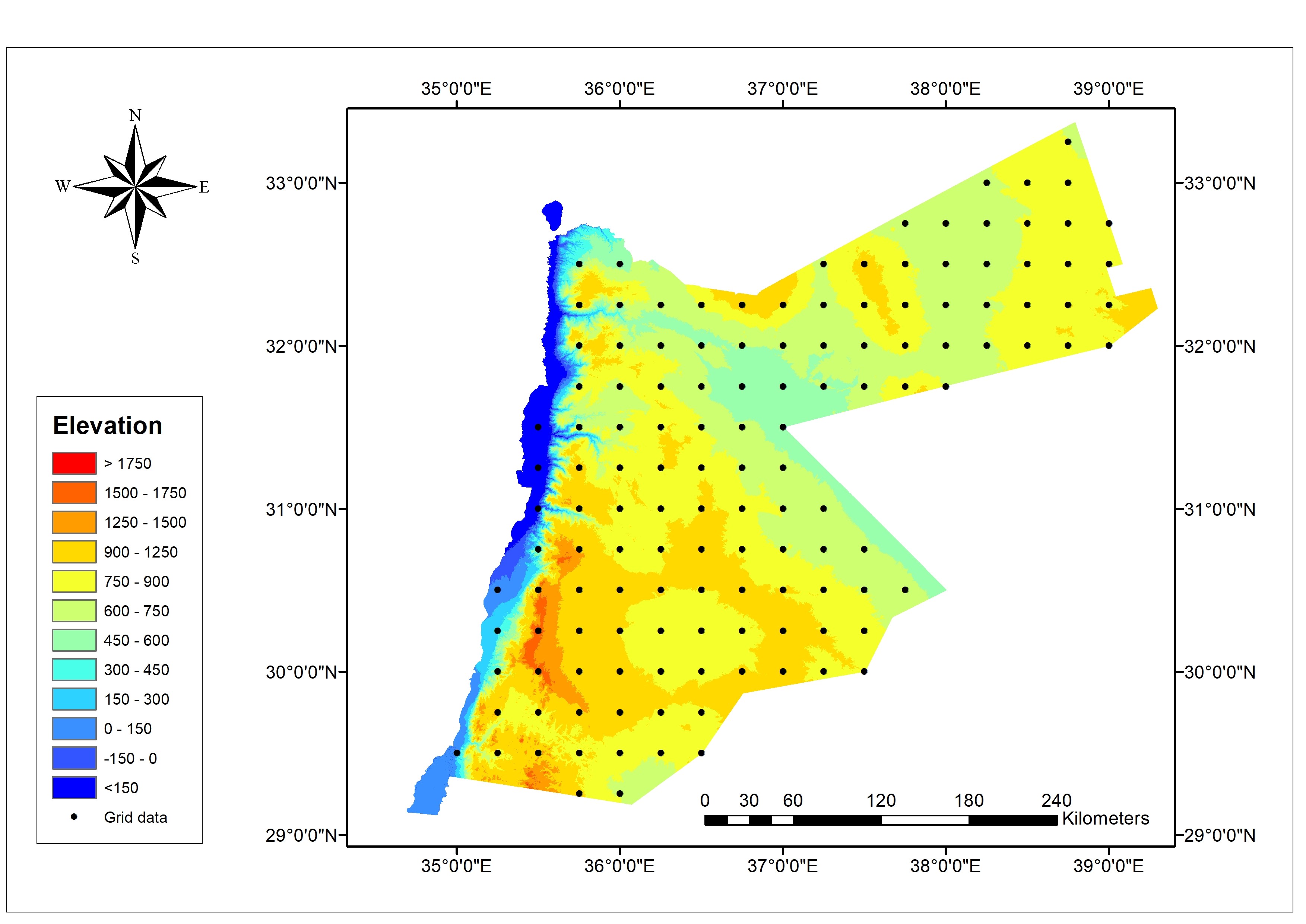 A map of Jordan illustrating the geographical topography and the domain of the grid points used in the model simulation (Atashi 