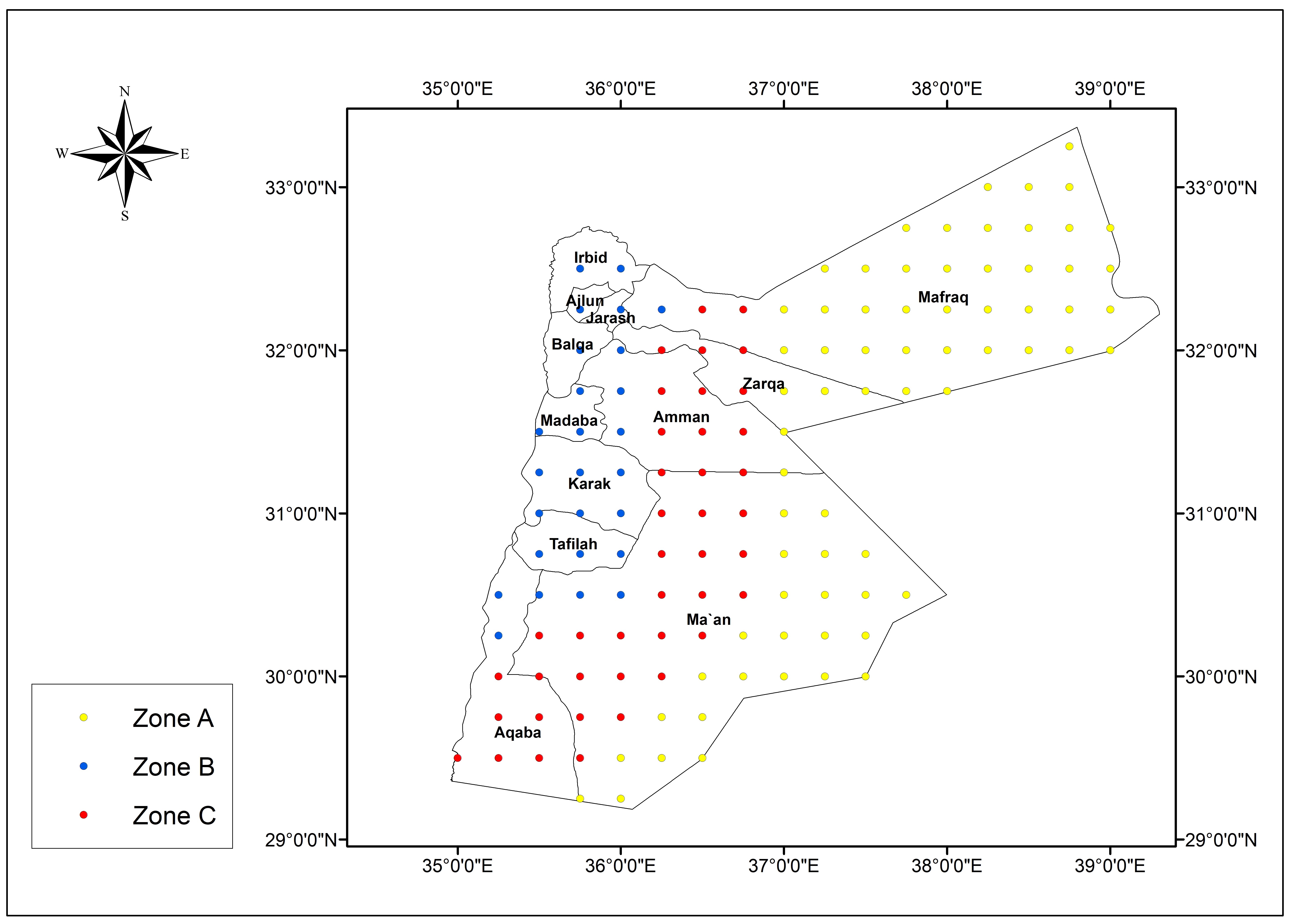 A map of Jordan illustrating the geographical topography and the domain of the grid points used in the model simulation (Atashi