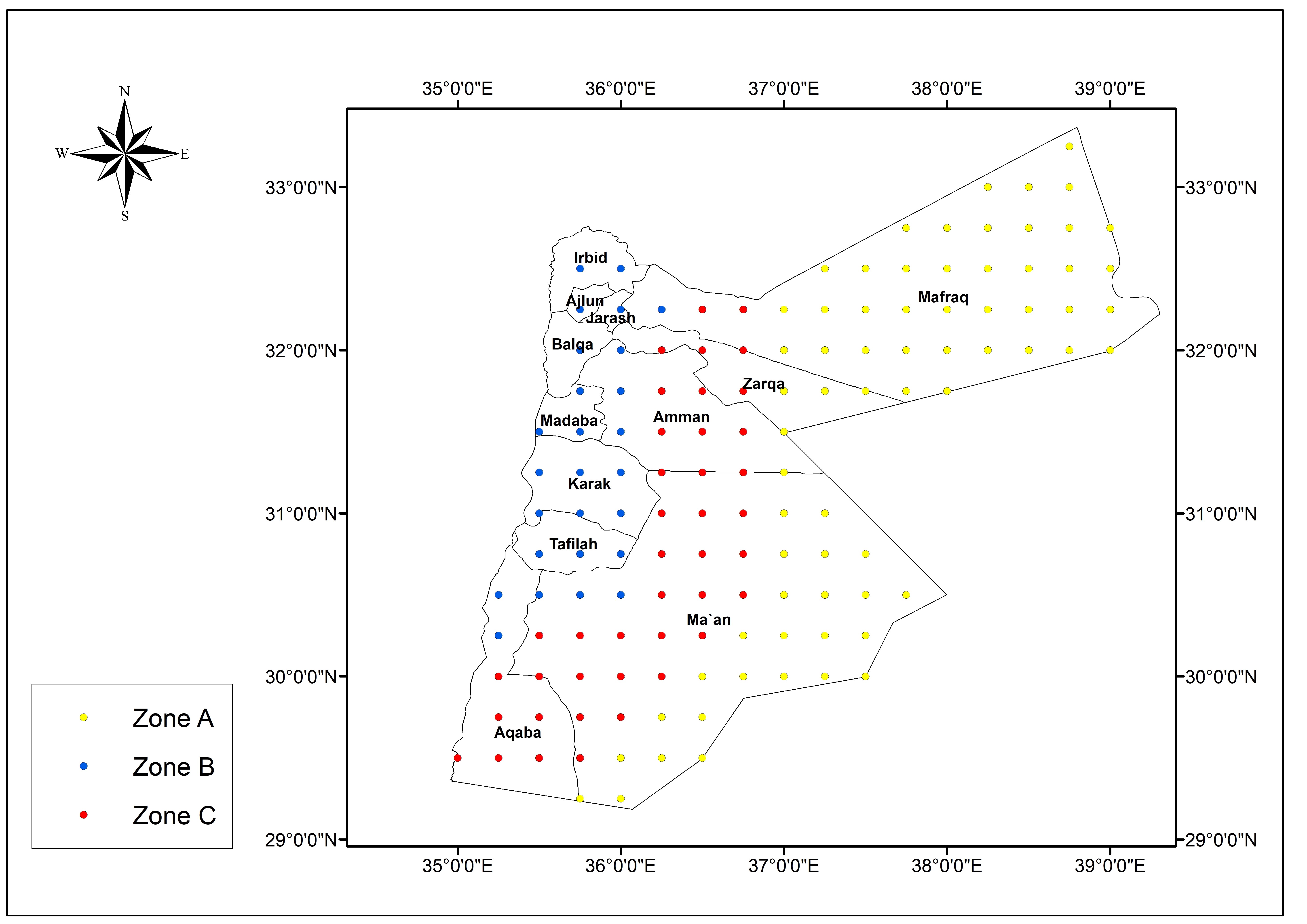 A map of Jordan illustrating the geographical topography and the domain of the grid points used in the model simulation (Atashi 